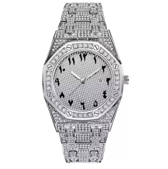 Men's Iced Simulated Diamond CZ Silverplated Alloy Arabic Numeral Quartz Watch - Picture 7 of 16